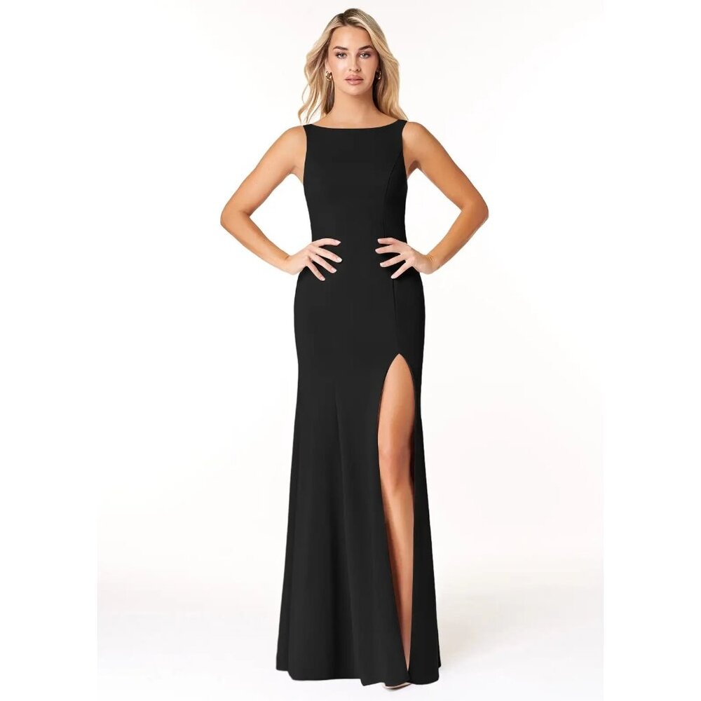 Azazie Women's Stretch-Crepe Black Mermaid Formal Dress Sleeveless Full-Length 1 - Picture 2 of 8